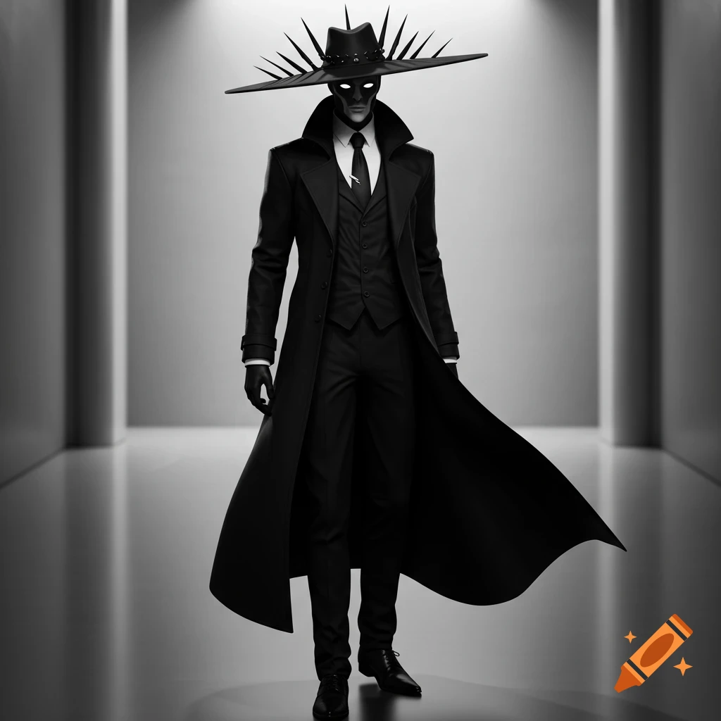A mysterious figure in a black suit, long coat, and spiky wide-brimmed hat stands in a stylized minimalist corridor.