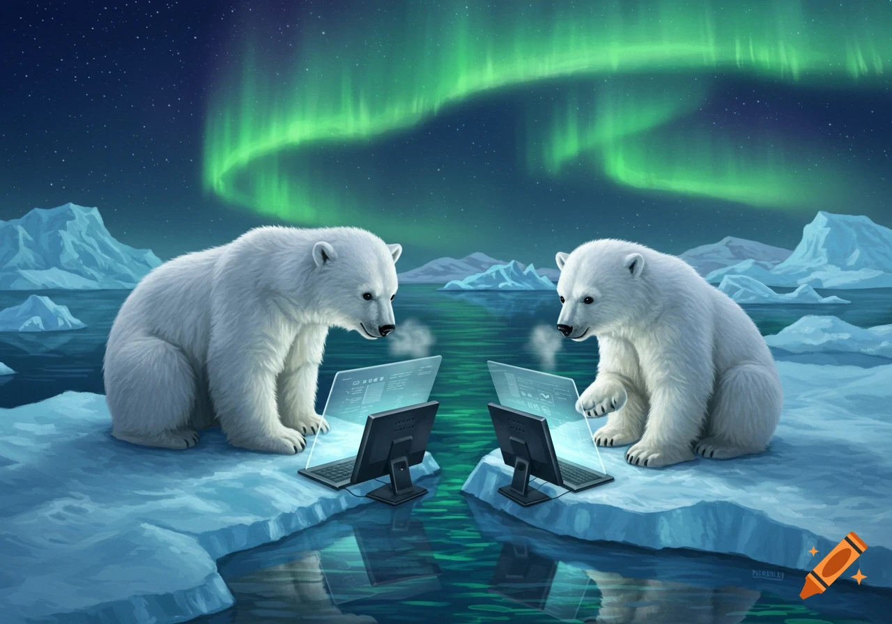 Two polar bears sit on ice floes, each looking at a laptop, under a starry night sky with green aurora borealis. Illustration style.