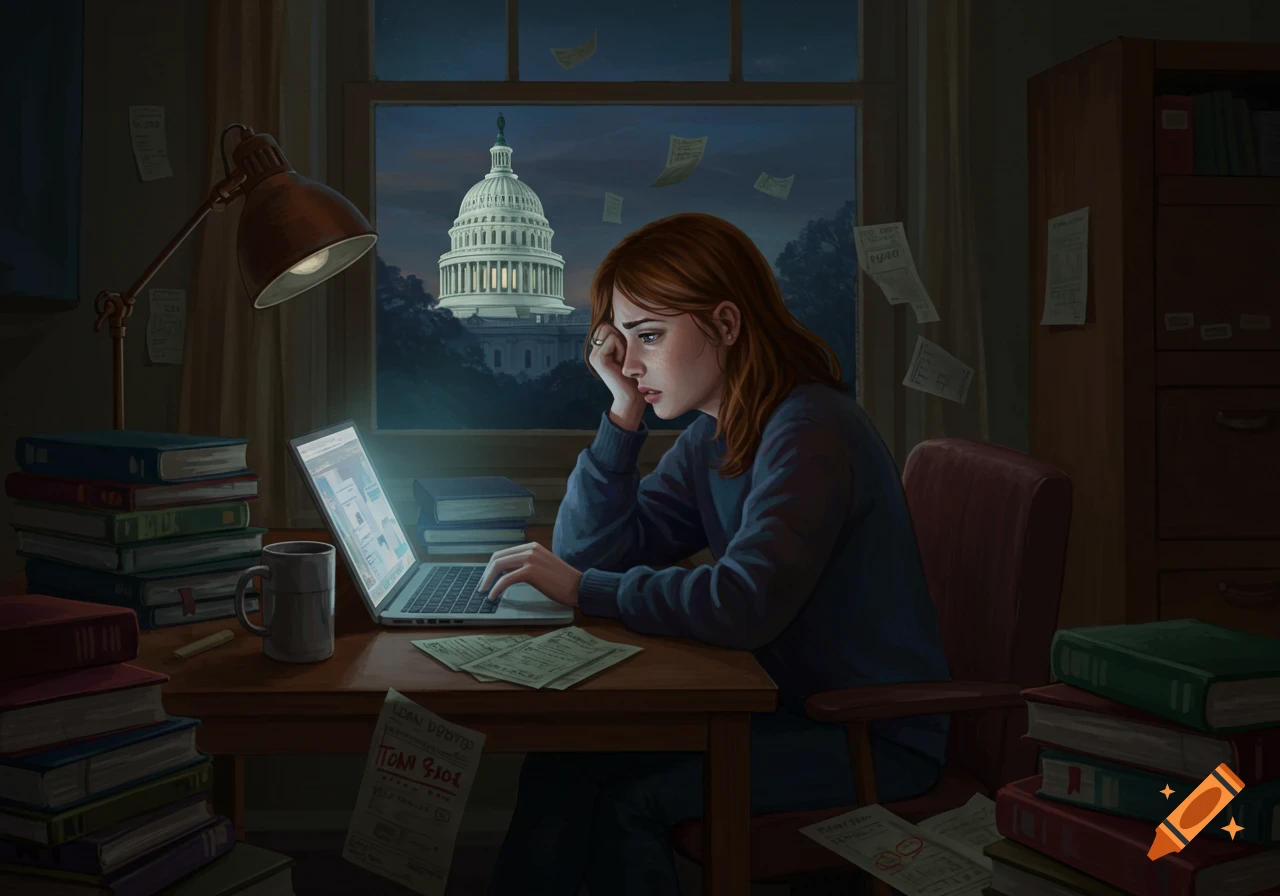 A stressed woman works on a laptop at a desk surrounded by books and papers, with the U.S. Capitol visible outside at night.