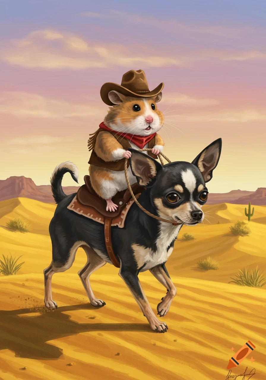 An illustration of a hamster in a cowboy hat and vest riding a chihuahua dog across a desert landscape.
