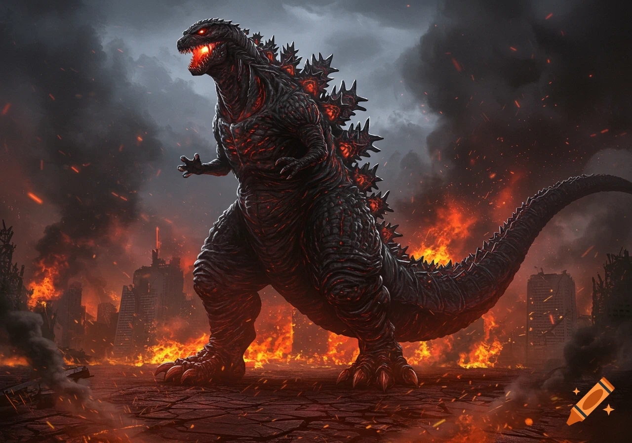 A large, dark monster resembling Godzilla with glowing red accents stands amidst a burning, destroyed city under a smoky sky.