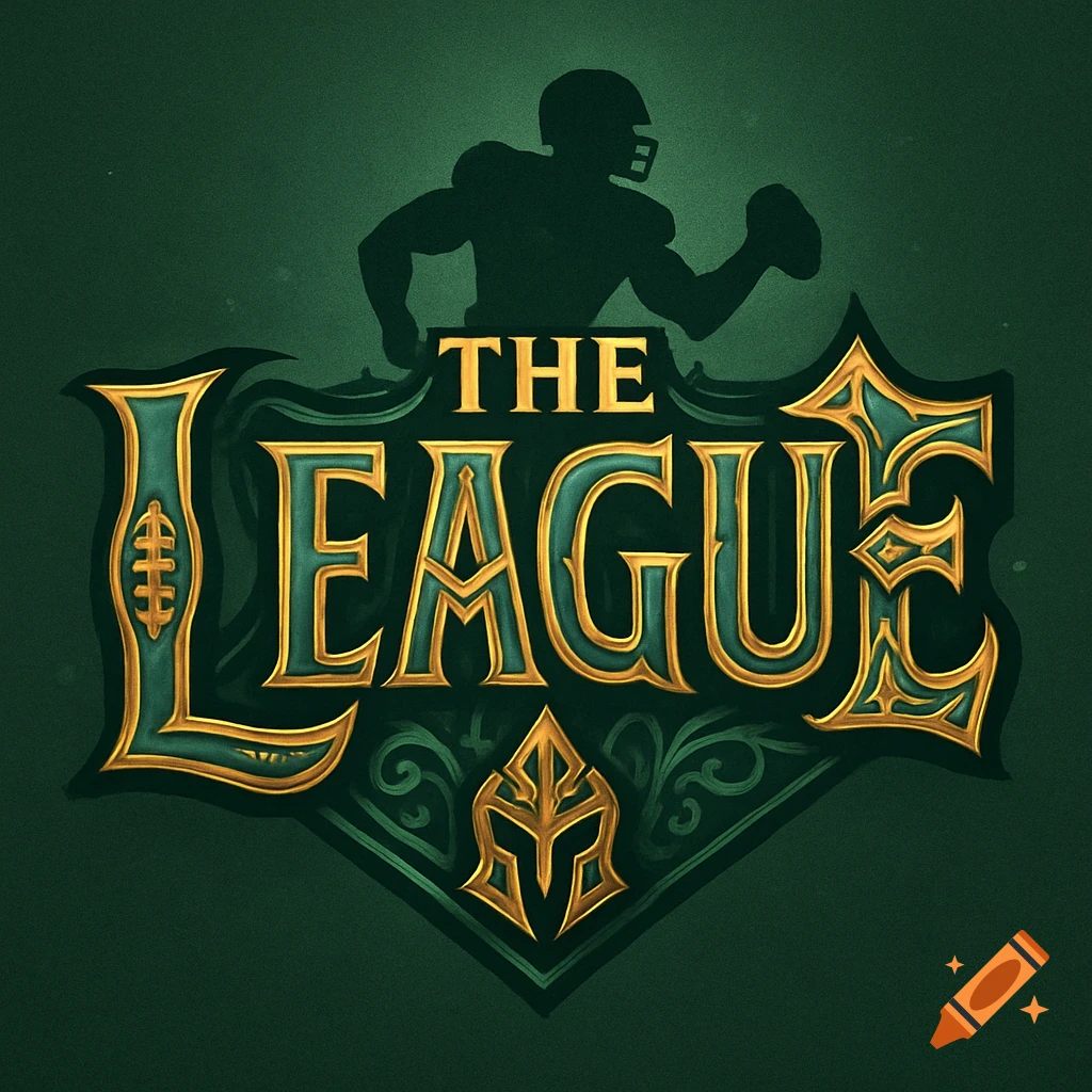 A logo featuring 'THE LEAGUE' in ornate gold and teal text, with a football player silhouette and a fantasy helmet on a dark green background.