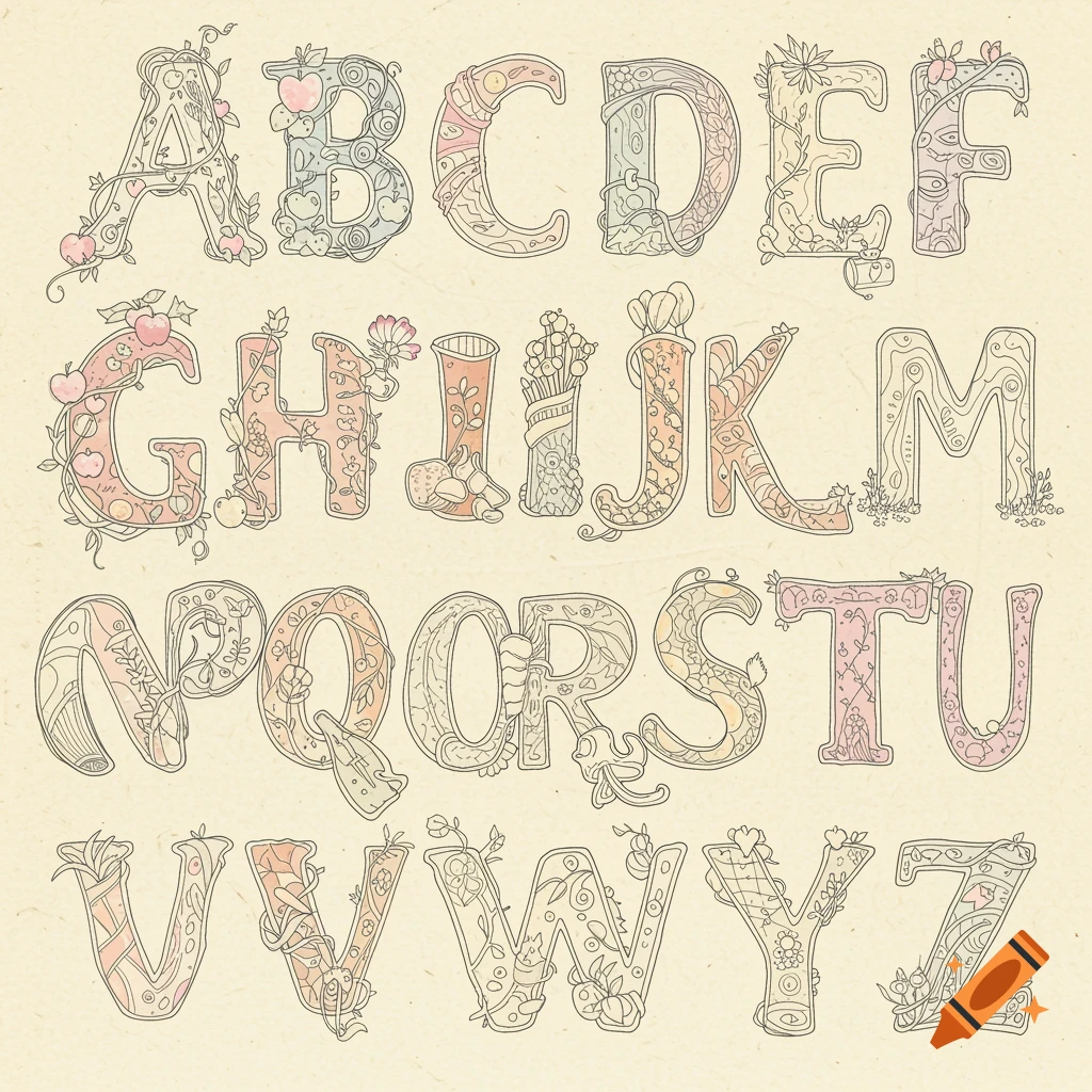 Decorative alphabet from A to Z, with whimsical floral and fruit designs on a parchment background, in a line-art style.