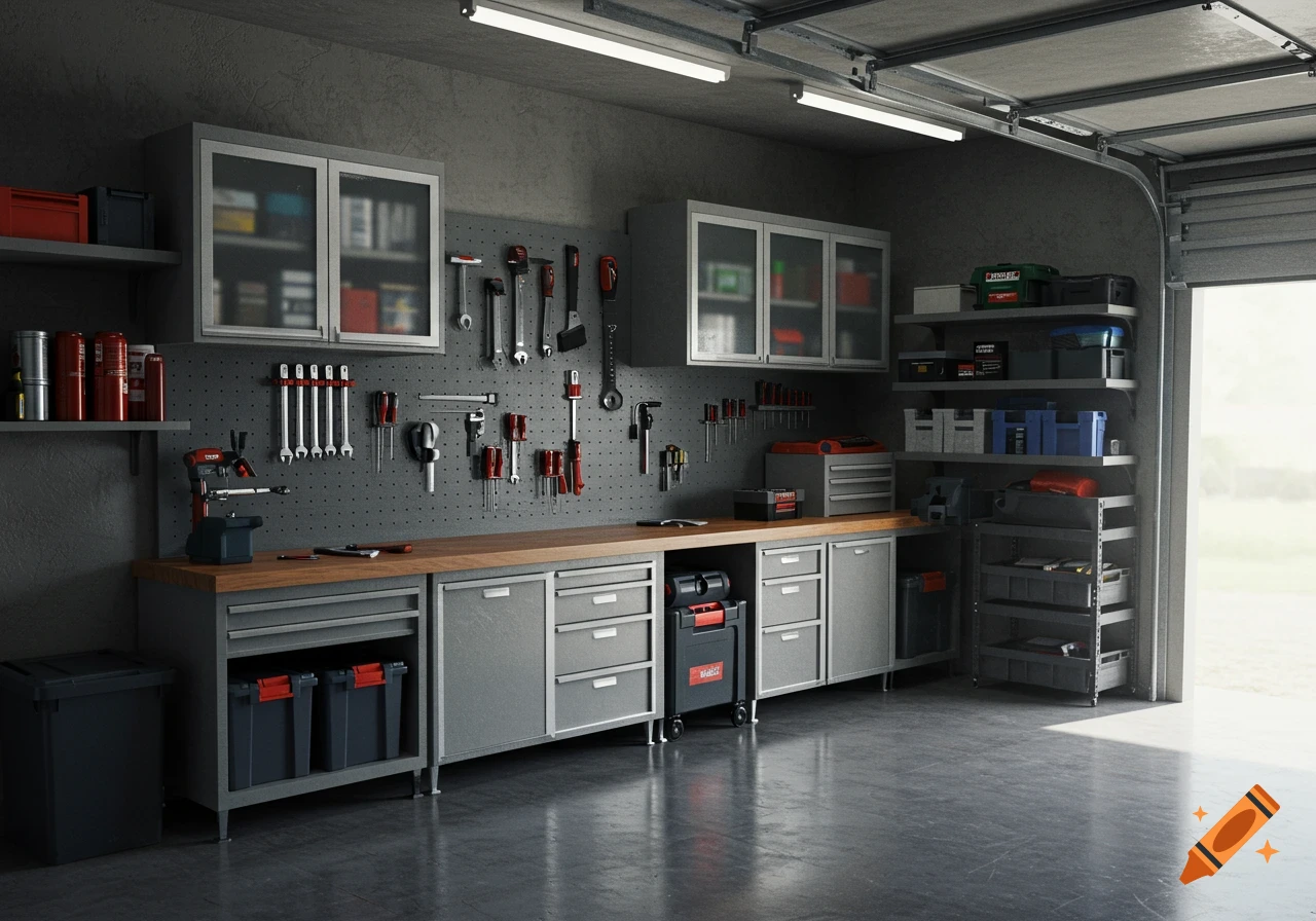 A clean and organized garage workshop with a long wooden workbench, pegboard tool wall, storage cabinets, and various tools neatly arranged.