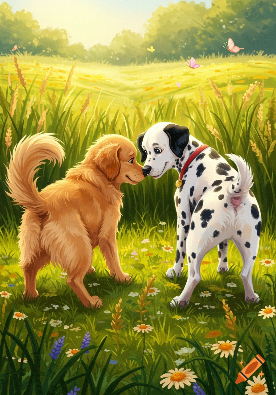 An illustrated golden retriever and a dalmatian sniffing each other in a sunny field with wildflowers and butterflies.