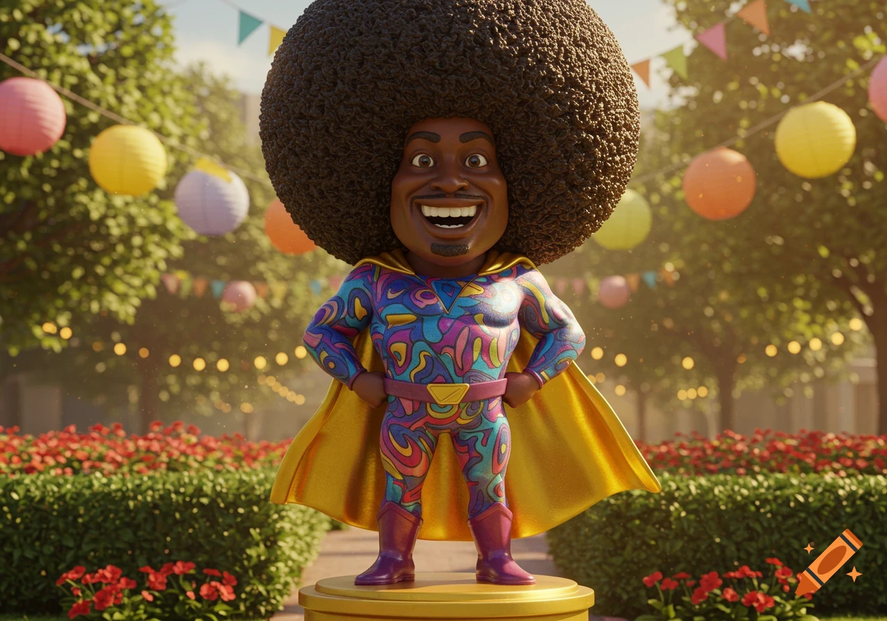 A comical statue of a Black superhero with a huge afro and a wide grin, standing on a pedestal in a park.