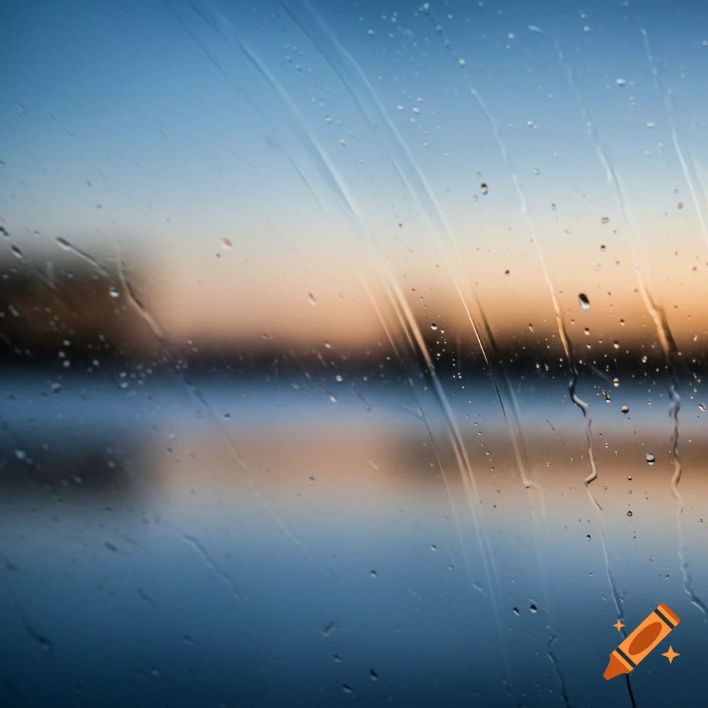 Close-up view of raindrops and streaks on a windowpane, with a blurred background showing a sky transitioning from blue to orange over water.