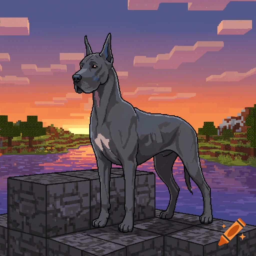 Pixel art Great Dane dog standing on blocky structures by water, with a Minecraft-style sunset and landscape.