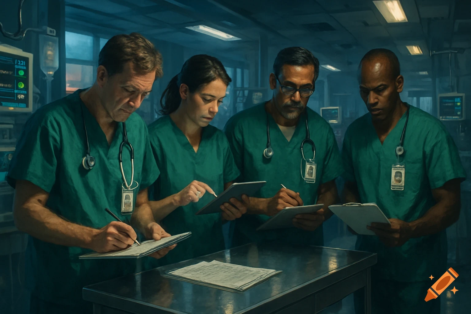 Four medical professionals in green scrubs, including men and a woman, review documents and digital tablets in a critical care setting.
