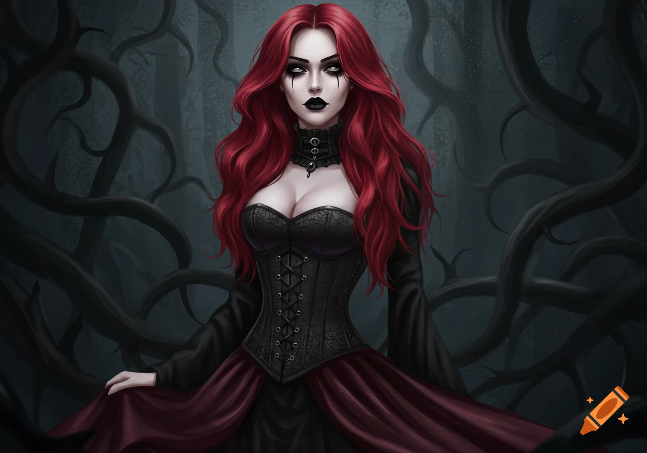 Digital painting of a gothic woman with red hair and dark makeup in a black corset dress, against twisted dark trees.