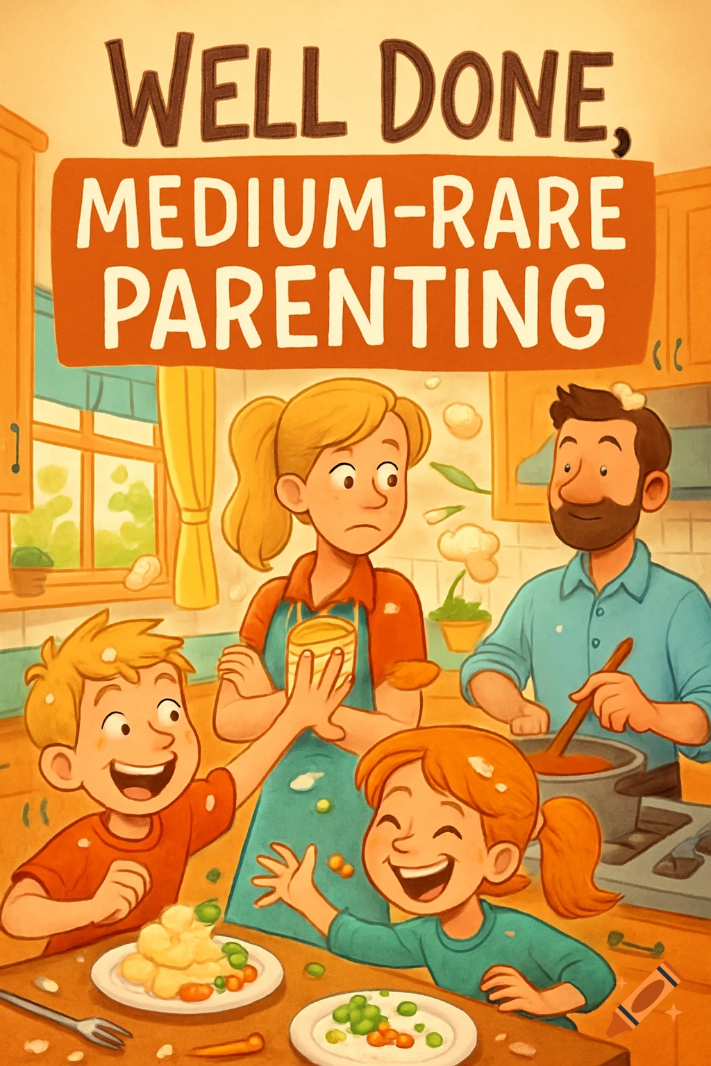 A cartoon family in a kitchen having a food fight, with the title 'Well Done, Medium-Rare Parenting' above them.