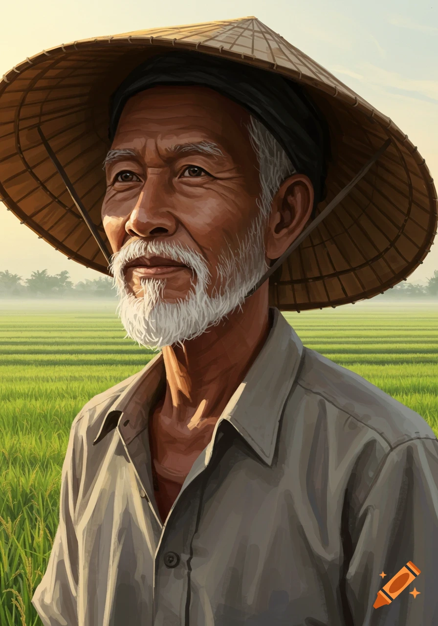 Portrait of an older man with a white goatee and a conical hat, standing in a vibrant green rice field.