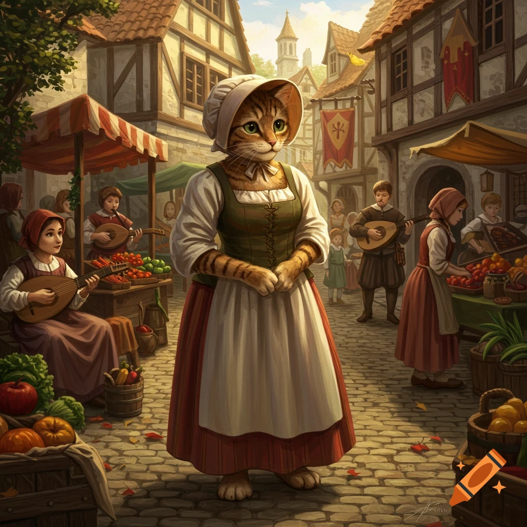 An anthropomorphic cat in Renaissance peasant attire stands in a bustling medieval market with people, stalls, and musicians.