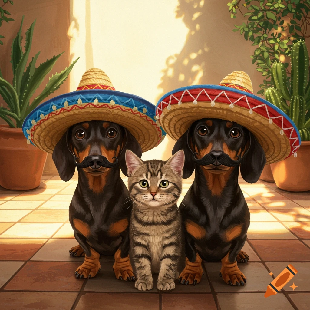Two dachshunds with mustaches and a tabby cat, all wearing sombreros, sit on a tiled patio.