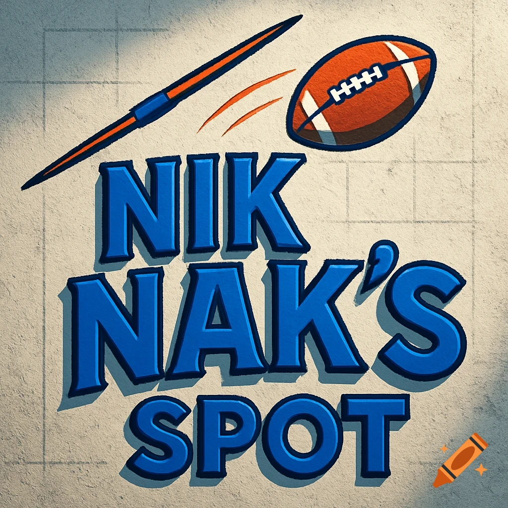 A textured wall sign with blue 3D text "NIK NAK'S SPOT", featuring an orange football and a javelin with orange and blue accents.
