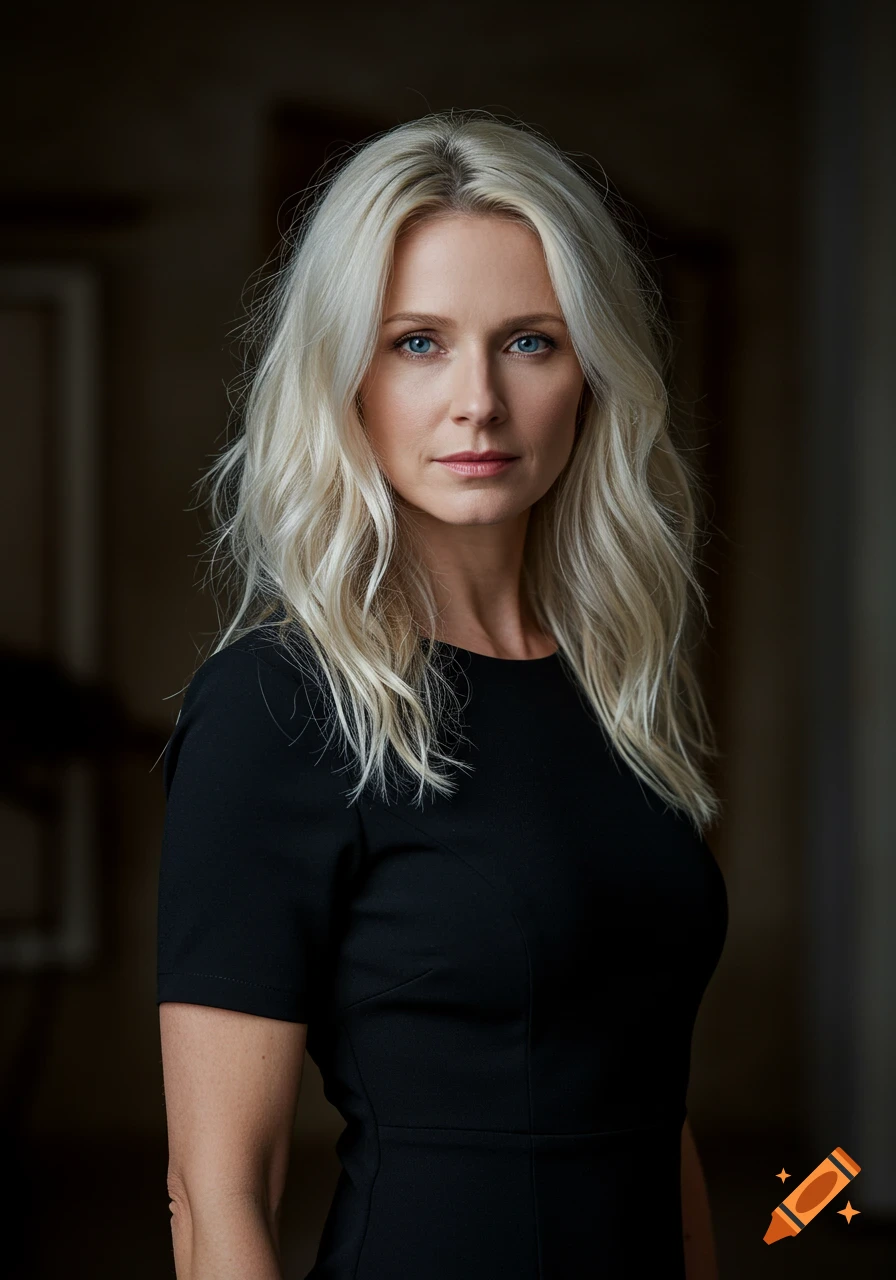 A photorealistic portrait of a woman with blonde hair and blue eyes, wearing a black dress.