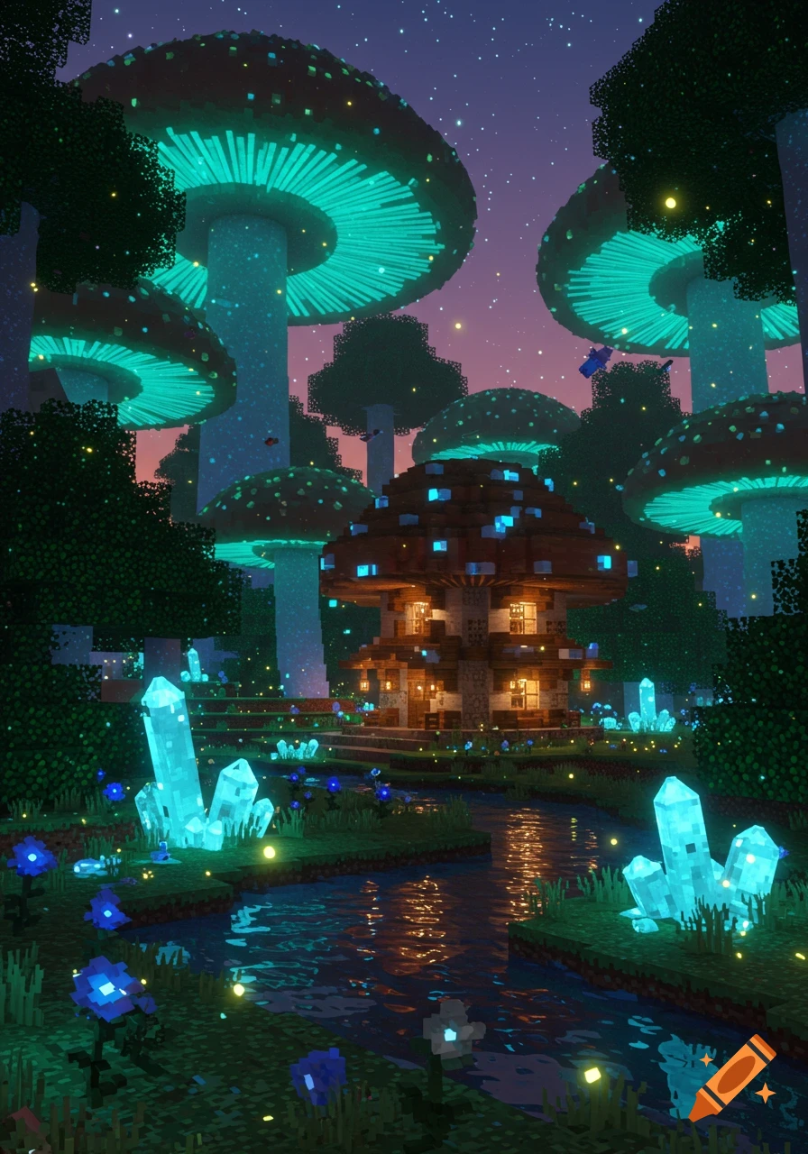 A Minecraft-style mushroom house nestled in a glowing bioluminescent forest with large mushrooms and crystals under a starry sky.