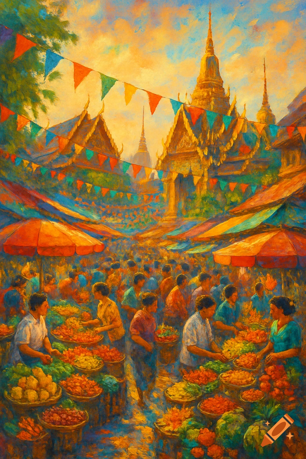 A vibrant, painterly scene of a bustling street market in Bangkok, with people browsing stalls of produce and ornate temples in the background.