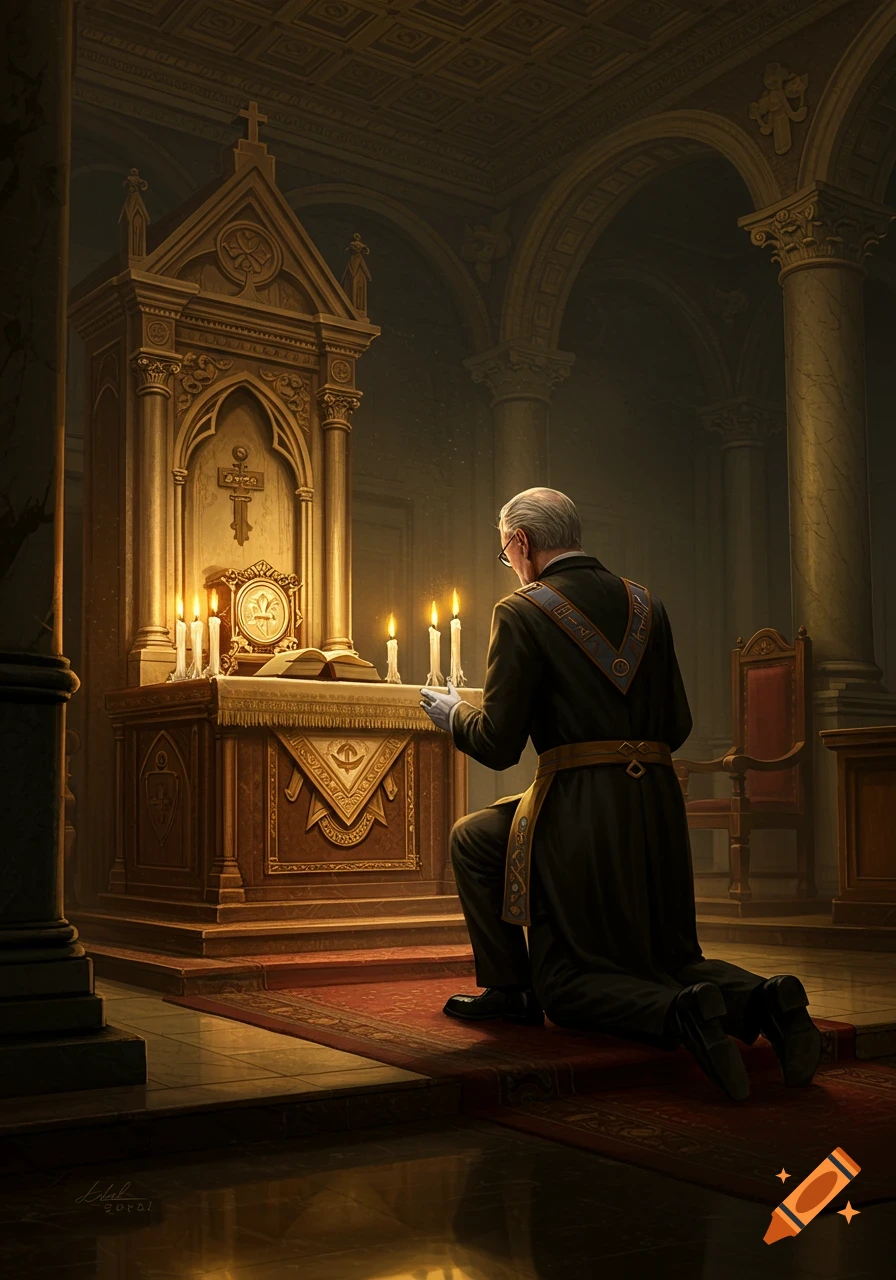 A man in traditional Masonic attire kneels in prayer before a gilded altar lit by candles in an ornate, dimly lit temple.