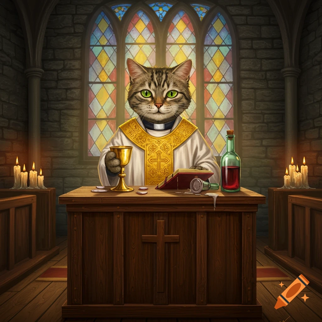 A tabby cat dressed as a priest stands behind a wooden altar, holding a chalice, with a book and wine bottle, in a church with stained glass windows.
