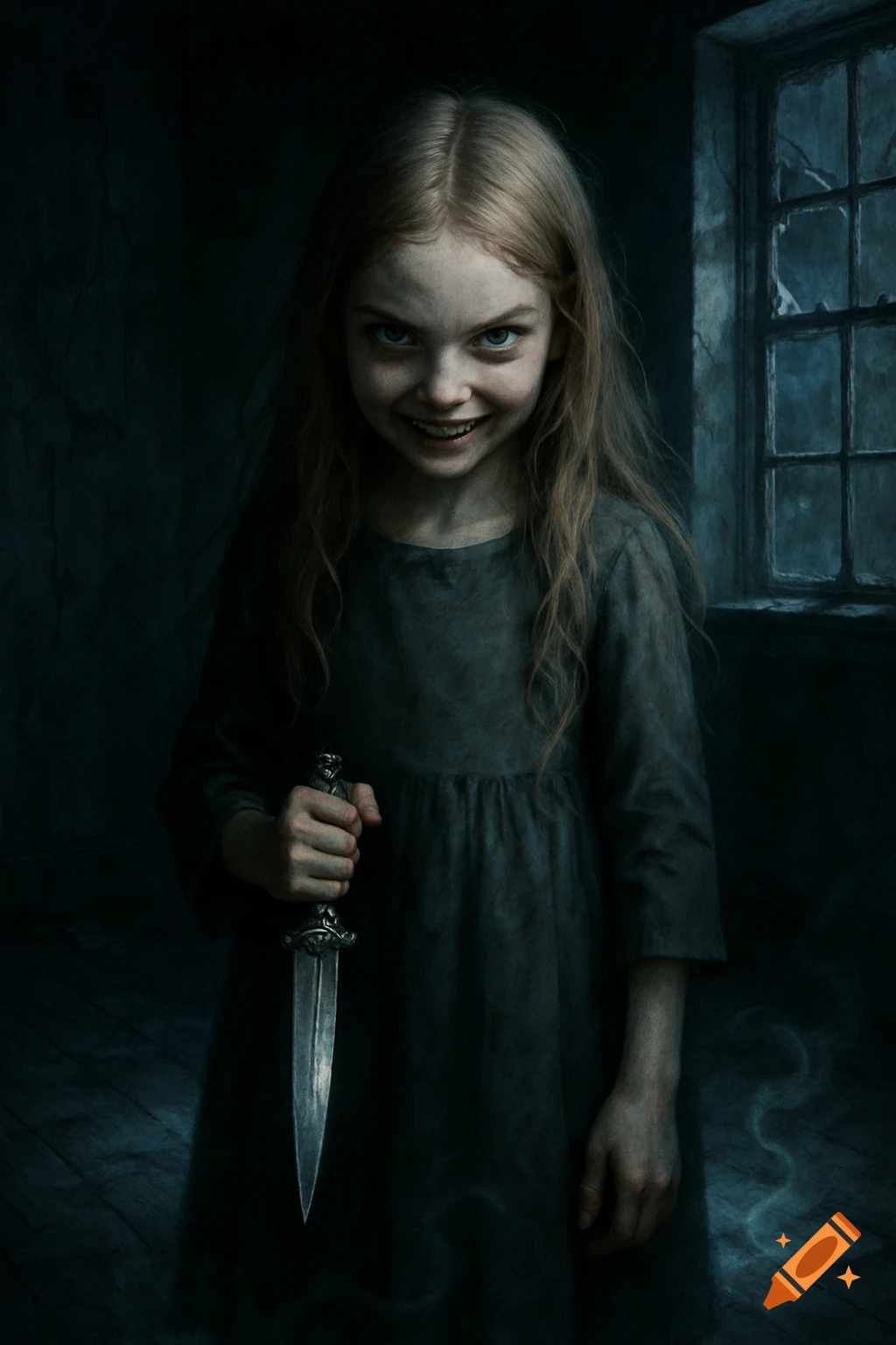 A creepy young girl with long blonde hair and a sinister smile holds a dagger in a dark, gloomy room.