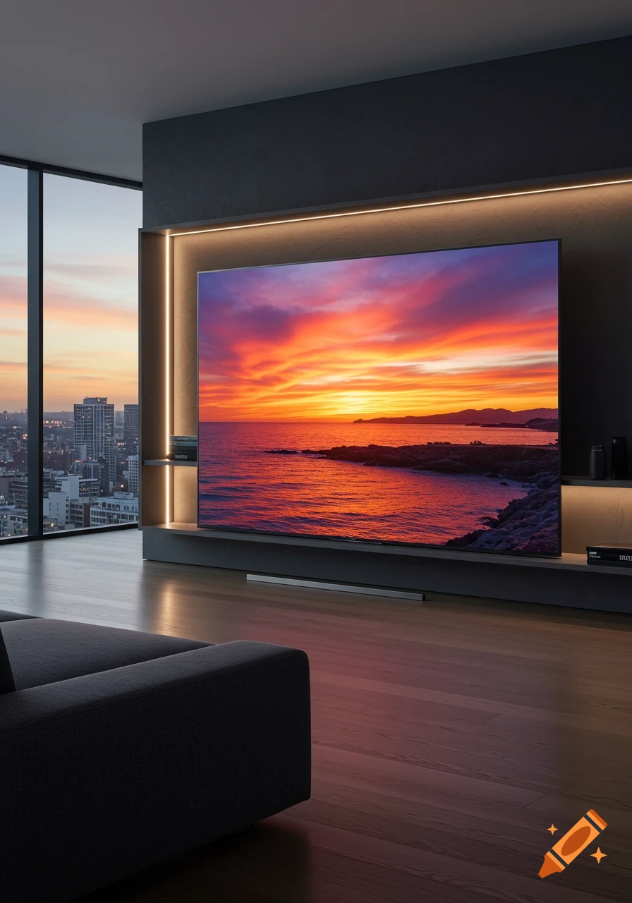 A photorealistic image of a modern living room with a large TV displaying a vibrant sunset over the ocean. A dark sofa is in the foreground, and a cityscape is visible through a large window.