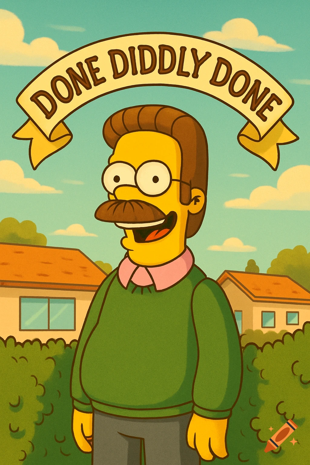 Ned Flanders from The Simpsons smiles under a banner reading 'DONE DIDDLY DONE' in a cartoon style.