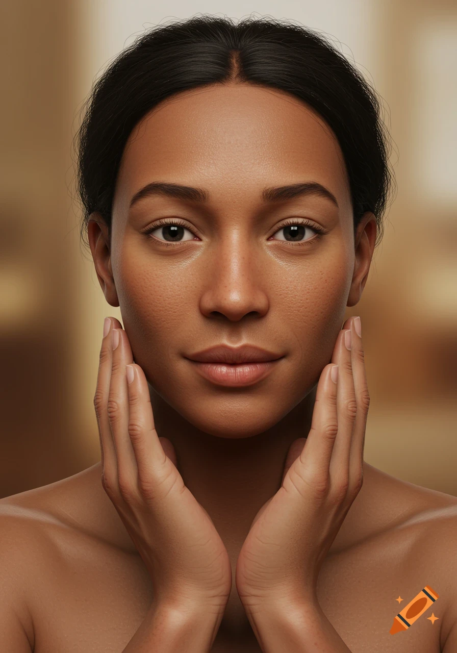 Close-up photorealistic portrait of a young woman with dark hair and brown skin, her hands gently touching her face.