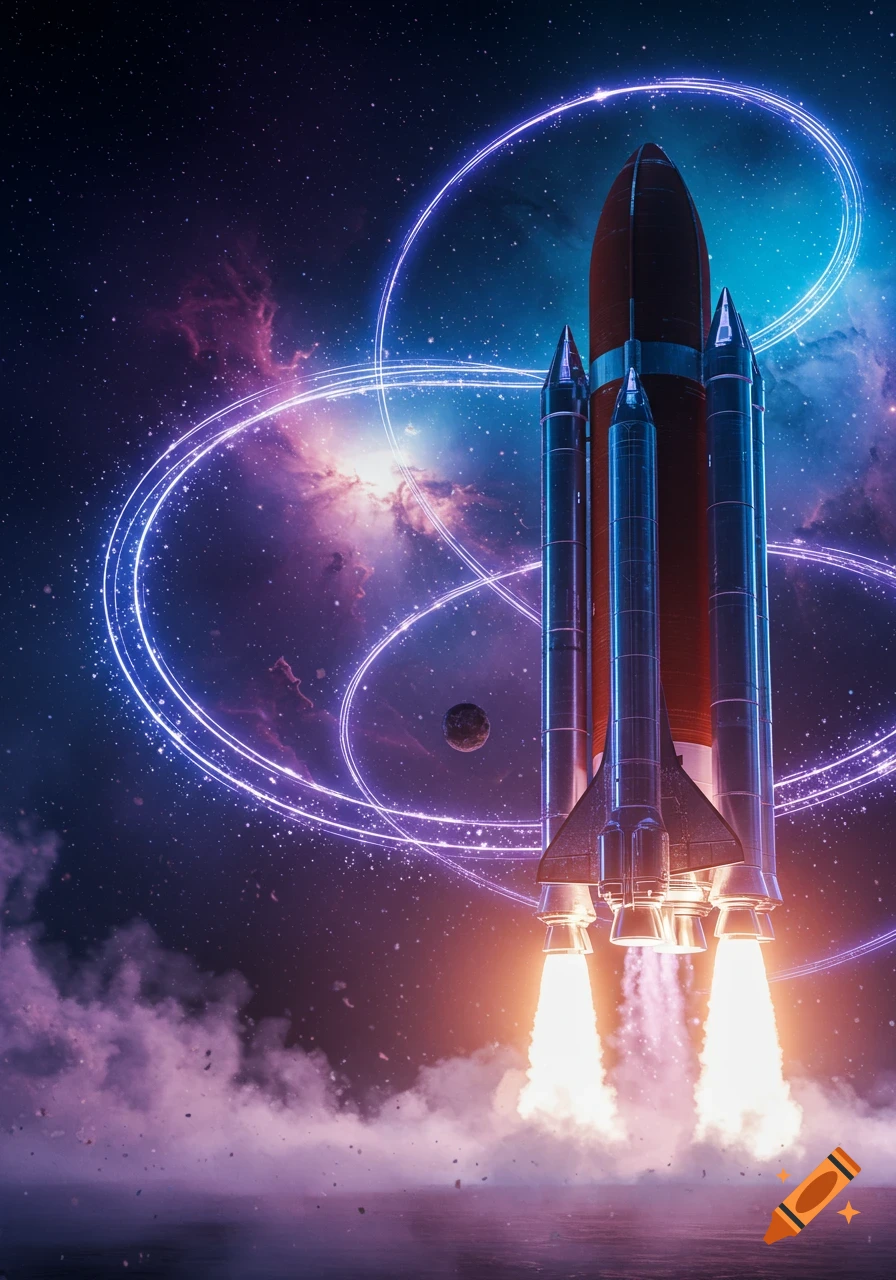 A stylized rocket launches into a vibrant purple and blue nebula-filled starry night sky with glowing light rings.