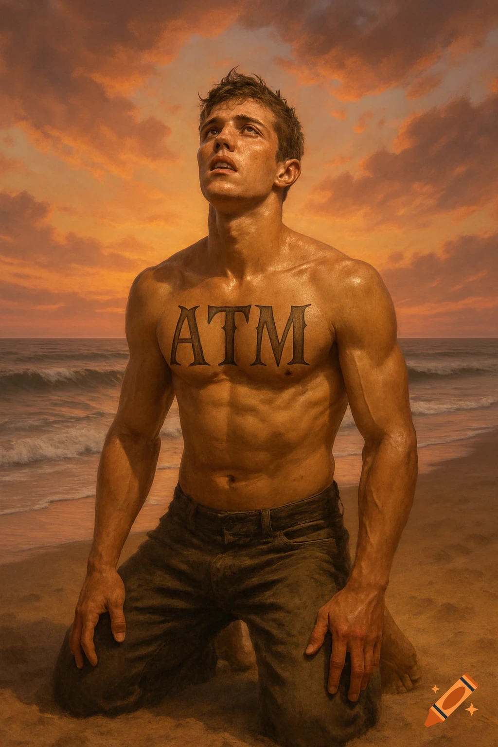A shirtless man with an 'ATM' tattoo on his chest kneels on a beach at sunset, looking up with anticipation.
