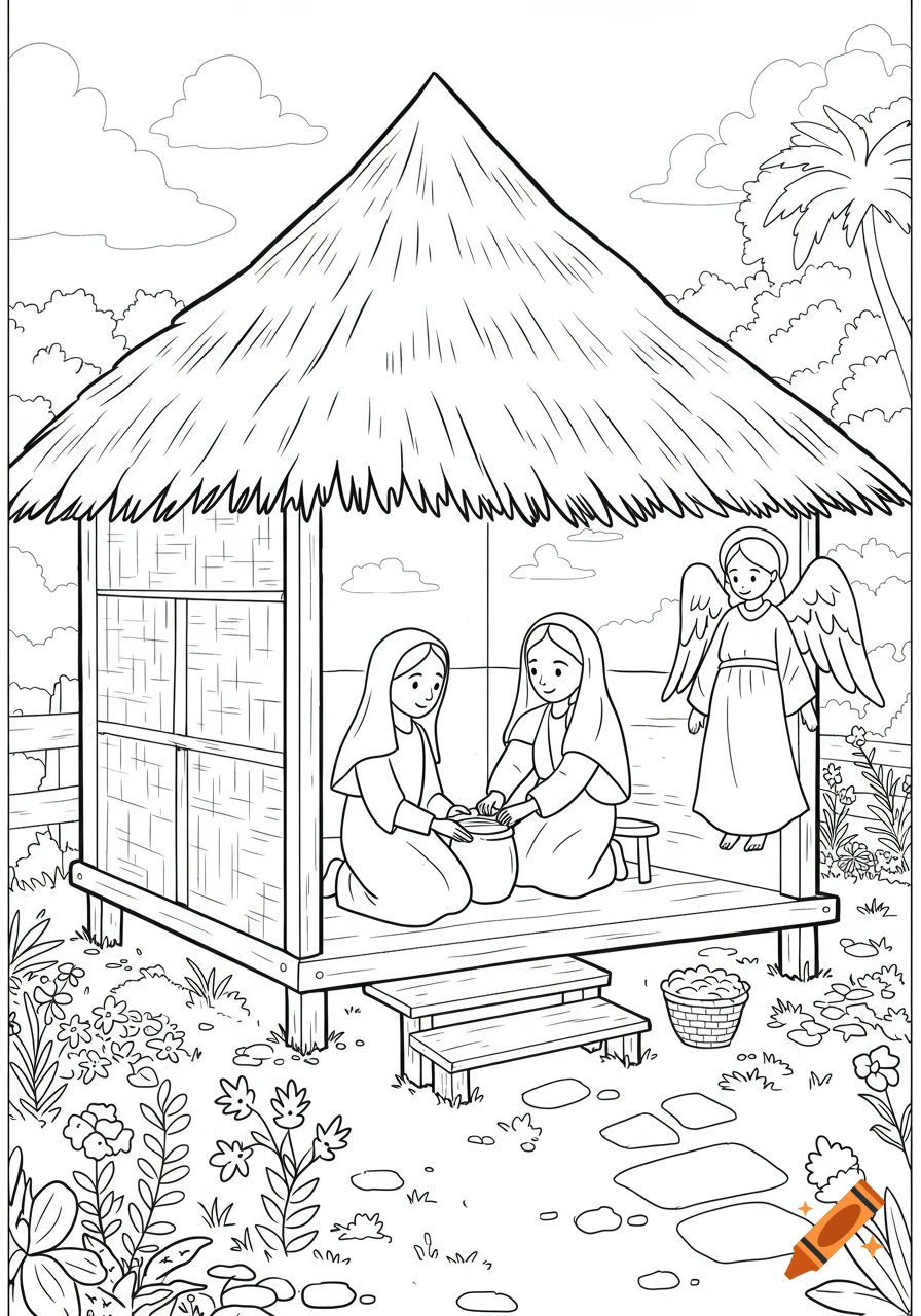 A black and white line art illustration depicts Mary and another woman kneeling inside a nipa hut, while an angel stands nearby. A garden with stepping stones is outside.