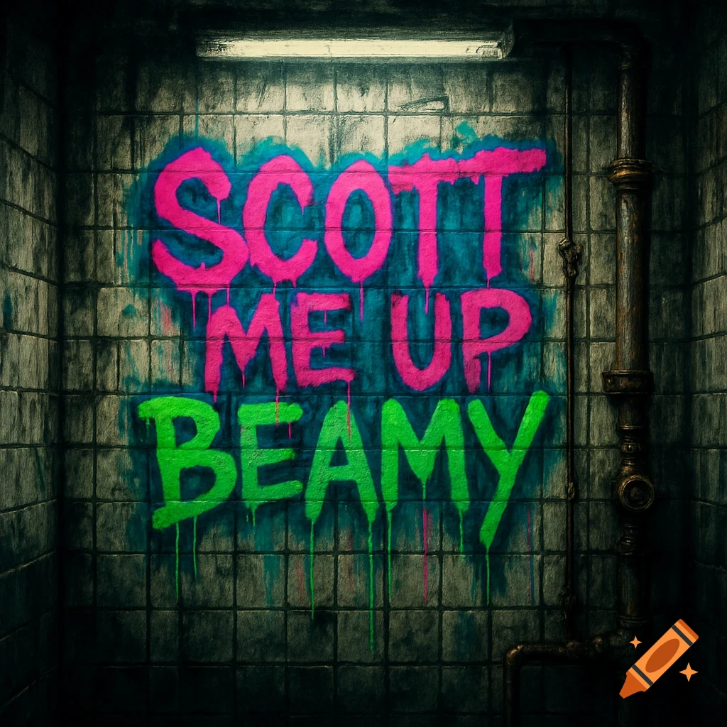 Vibrant pink and green graffiti that reads "SCOTT ME UP BEAMY" on a dirty, tiled restroom wall with a pipe.