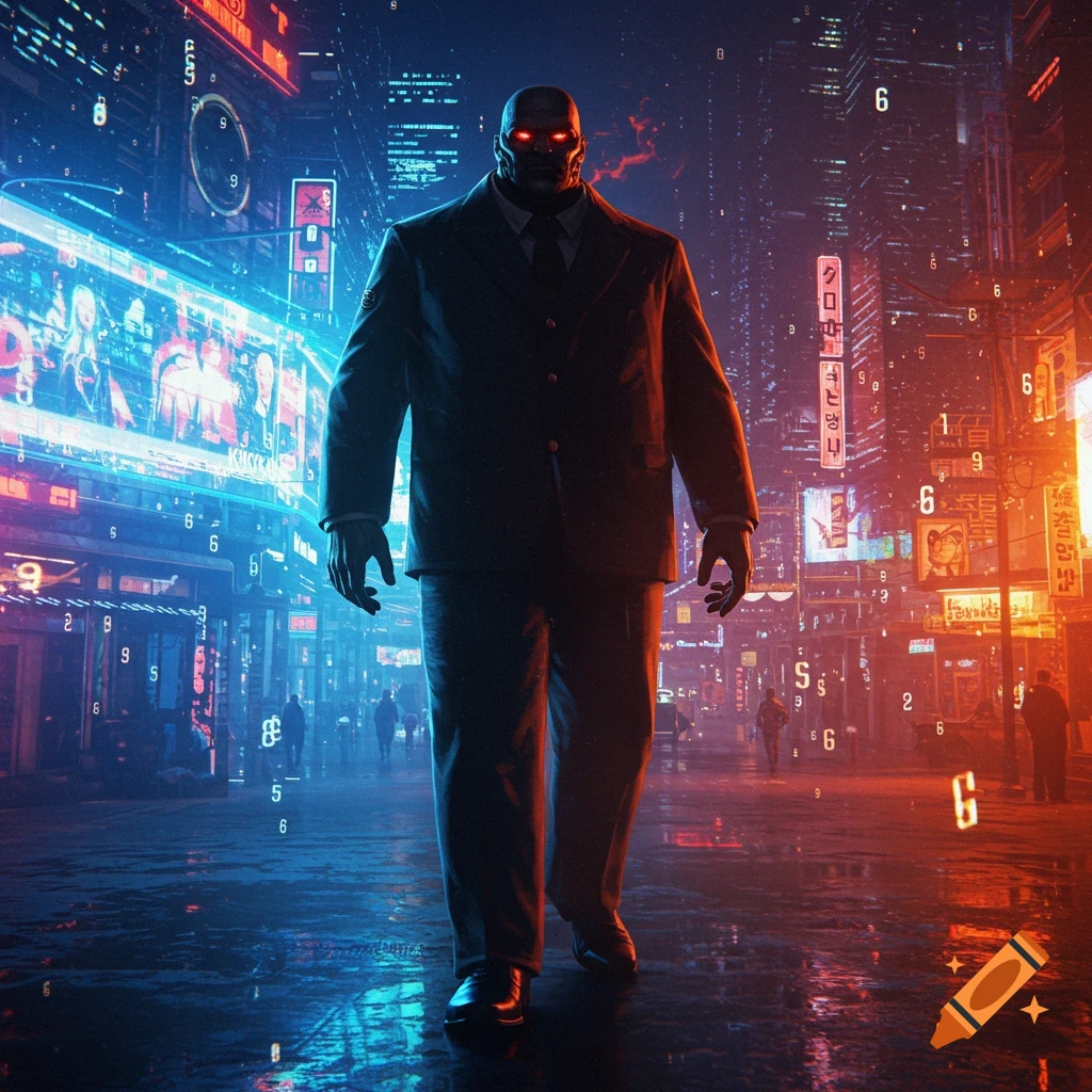 A large, ominous man with glowing red eyes in a suit walks down a wet, neon-lit cyberpunk city street with digital numbers floating in the air.