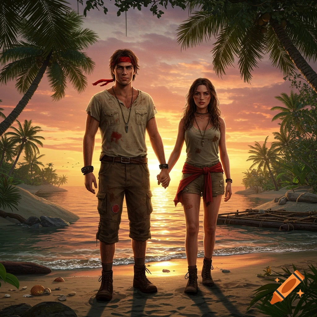 A man and woman in rugged outfits hold hands on a tropical beach at sunset, with palm trees and ocean in the background.