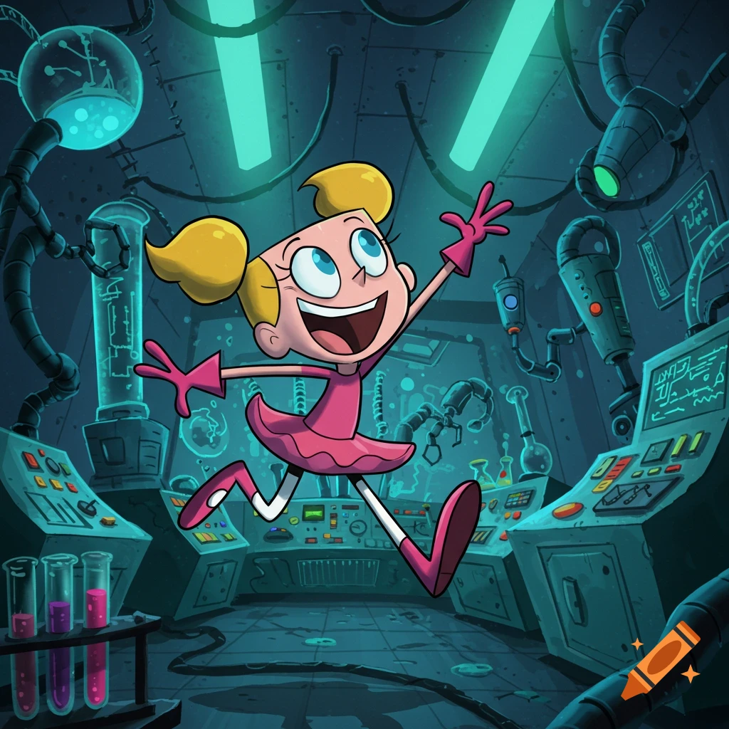 A happy cartoon girl, Dee Dee from Dexter's Lab, jumps playfully in a vibrant, futuristic laboratory filled with glowing equipment.