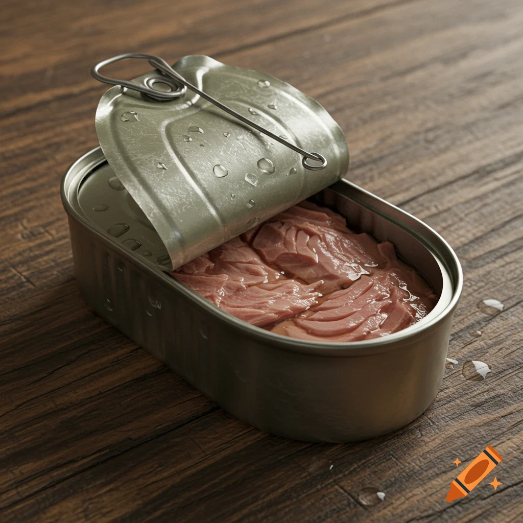 A half-opened can of tuna sits on a wooden table, with water droplets visible.
