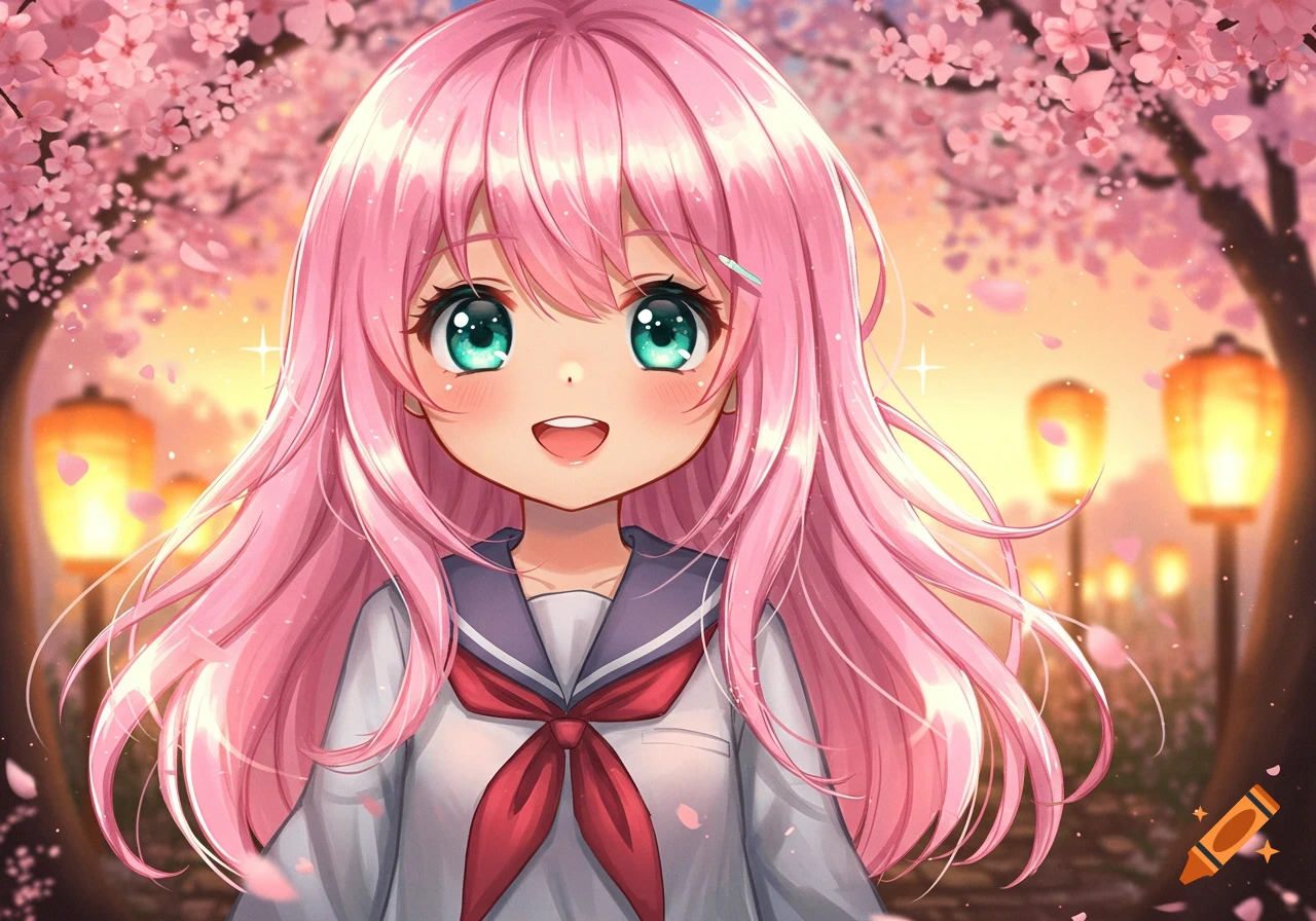 A smiling anime girl with long pink hair and green eyes, wearing a school uniform, standing under blooming cherry blossoms with glowing lanterns in the background.