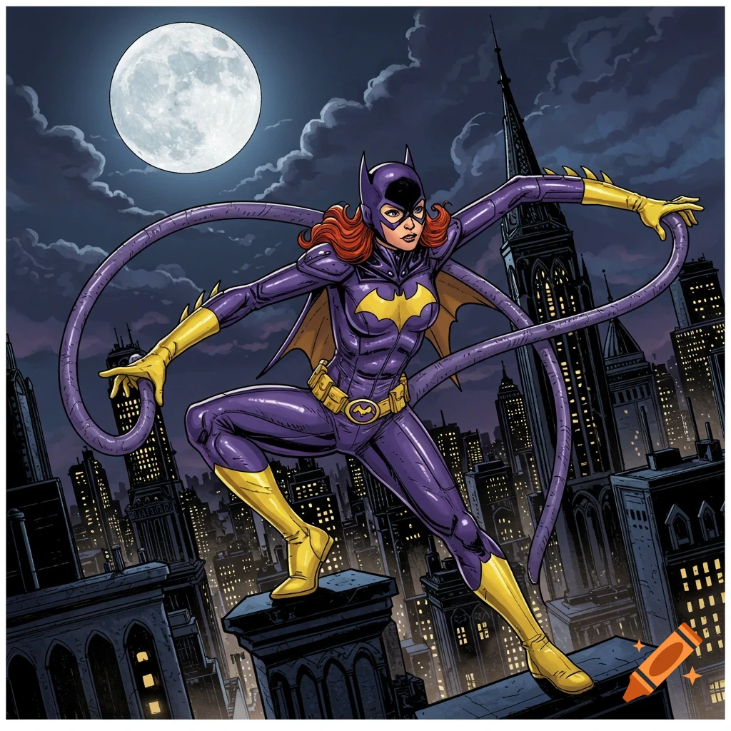 Batgirl stands on a rooftop in a city at night with a full moon behind her, her arms stretching out long and wavy. Comic book style.