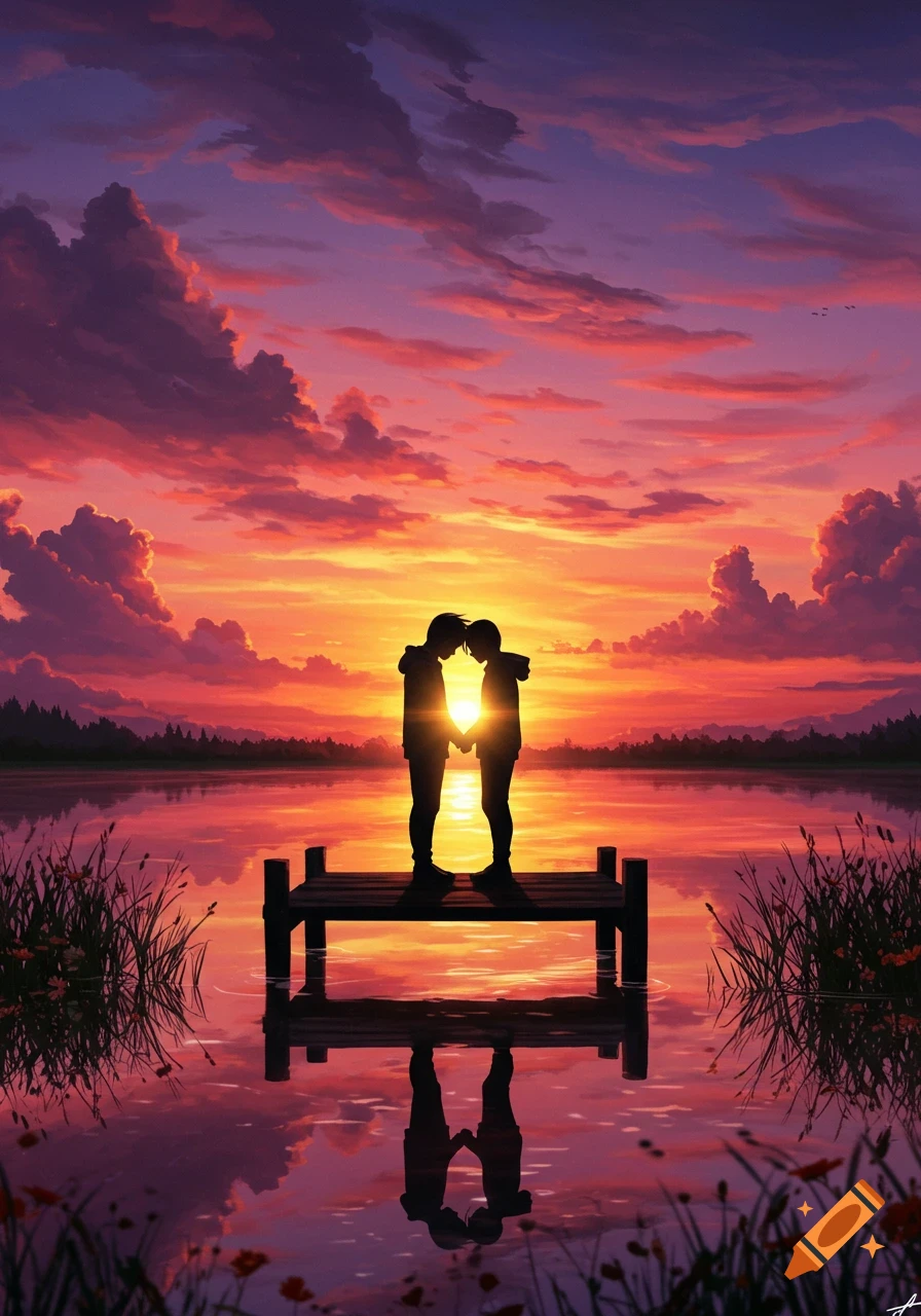 Two silhouetted figures hold hands on a dock, facing a bright orange and purple sunset reflecting in a tranquil lake.