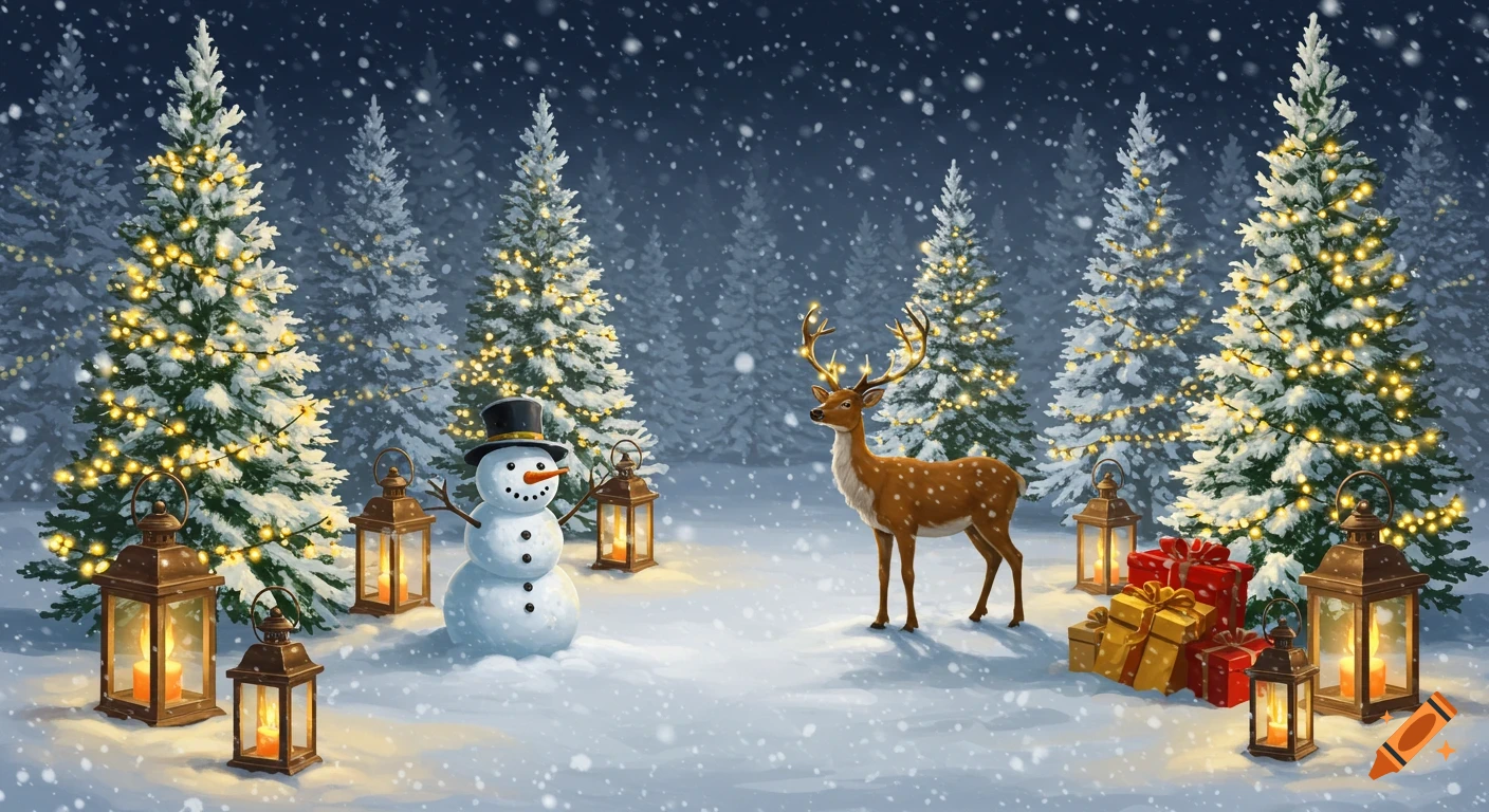 A snowy Christmas forest scene with illuminated trees, a snowman, a reindeer with glowing antlers, lanterns, and presents.