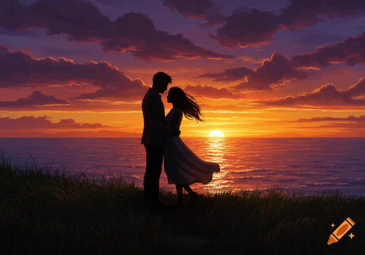 A silhouette of a couple embracing against a dramatic purple and orange sunset over the ocean, with grass in the foreground.