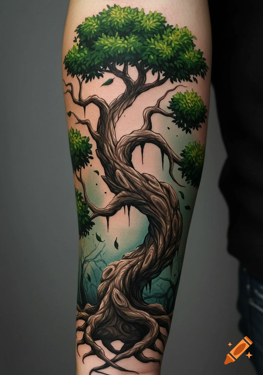A vibrant, stylized tattoo of a gnarled tree with green leaves on an arm, against a blurred background.