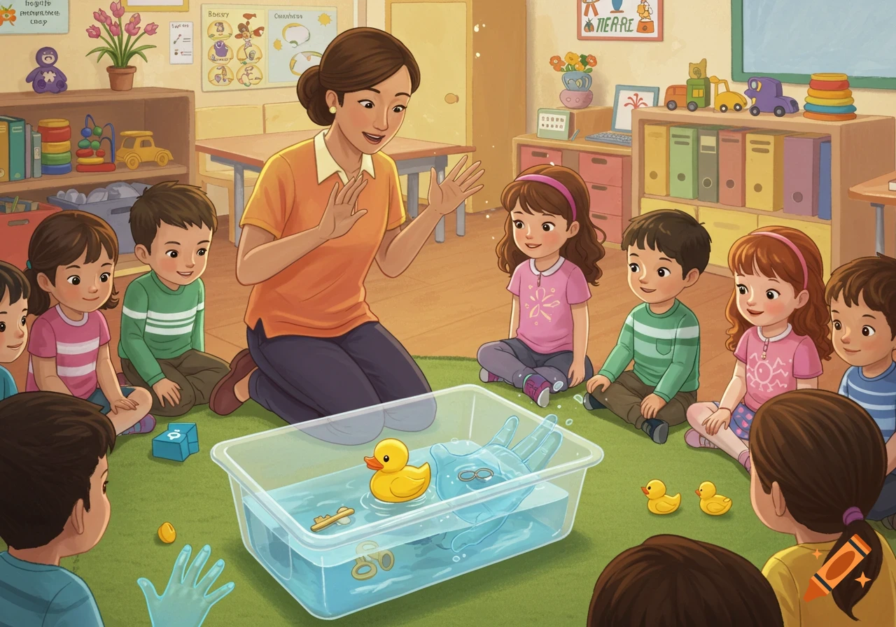 A female teacher kneeling in a colorful classroom explaining an experiment with a clear basin of water, a rubber duck, and a blue translucent hand to a semicircle of young children sitting on the floor.