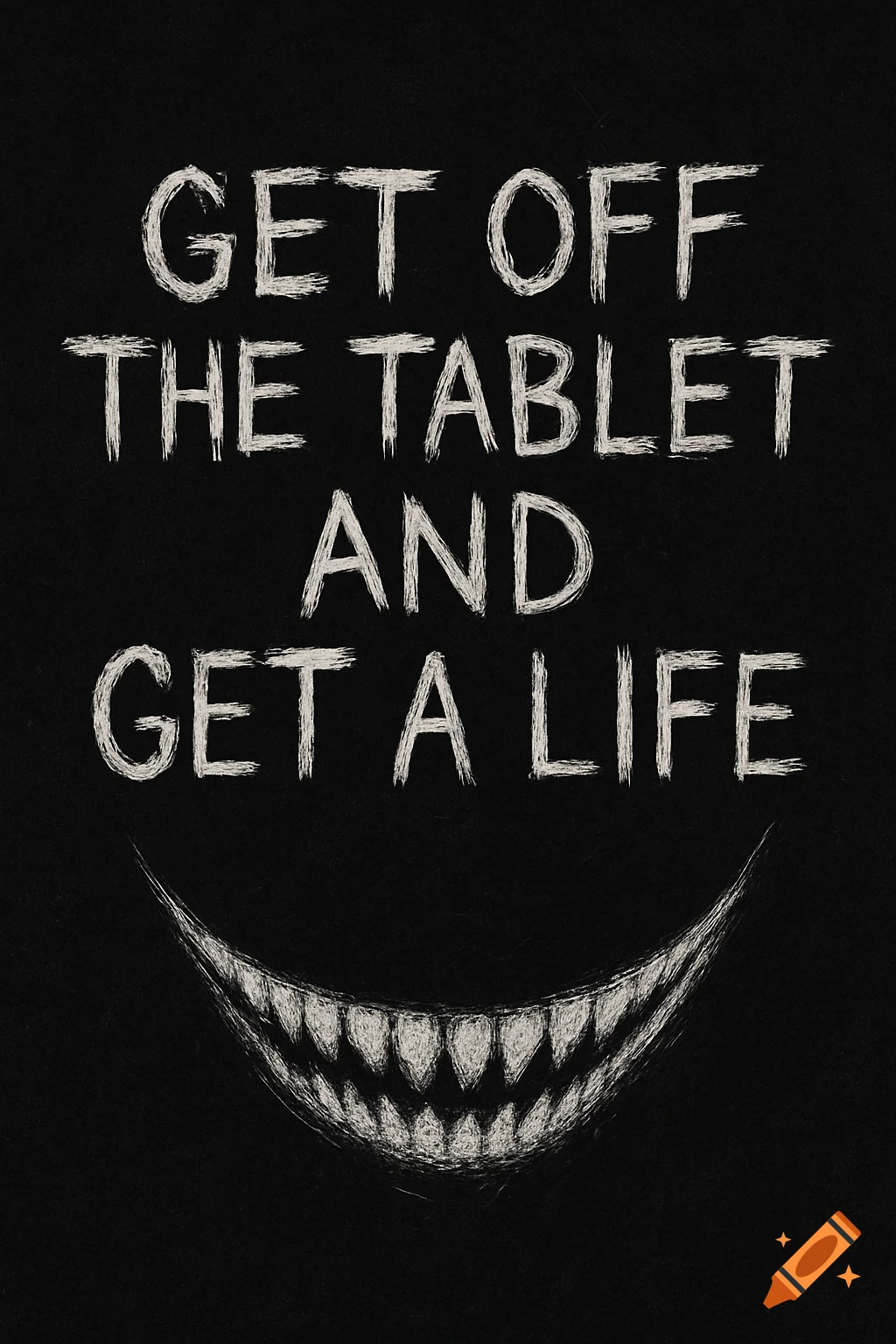 Black background with white scratchy text 'GET OFF THE TABLET AND GET A LIFE' and a creepy smile with sharp teeth.