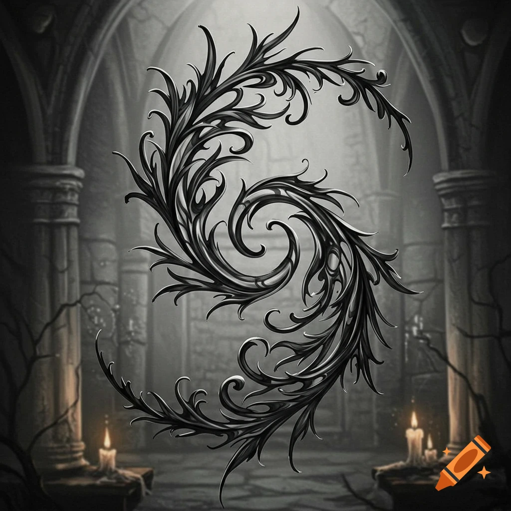 An ornate black gothic scroll design, resembling the letter S, against a dark, eerie cathedral interior with lit candles.