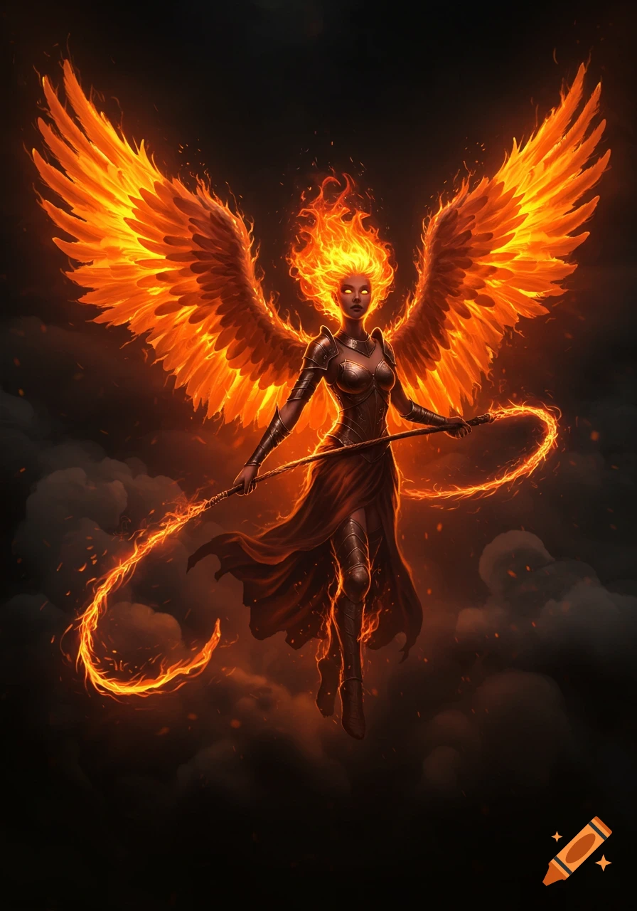 A female angel with fiery wings and hair holds a flaming whip against a dark, smoky background.