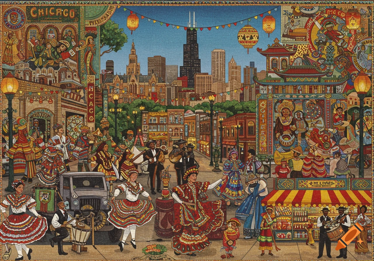 Vibrant, detailed illustration of a diverse cultural celebration in Chicago, with people in traditional attire, music, and city landmarks.
