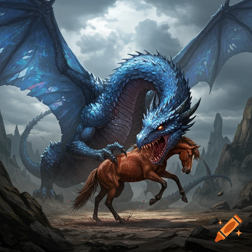 A large, scaly blue dragon with red eyes holds a brown horse in its mouth amidst a rocky, stormy landscape.