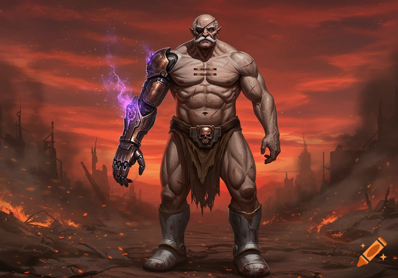 A muscular, bald, battle-scarred warrior with a mustache and eyepatch stands with a glowing cybernetic arm in a fiery, ruined landscape.
