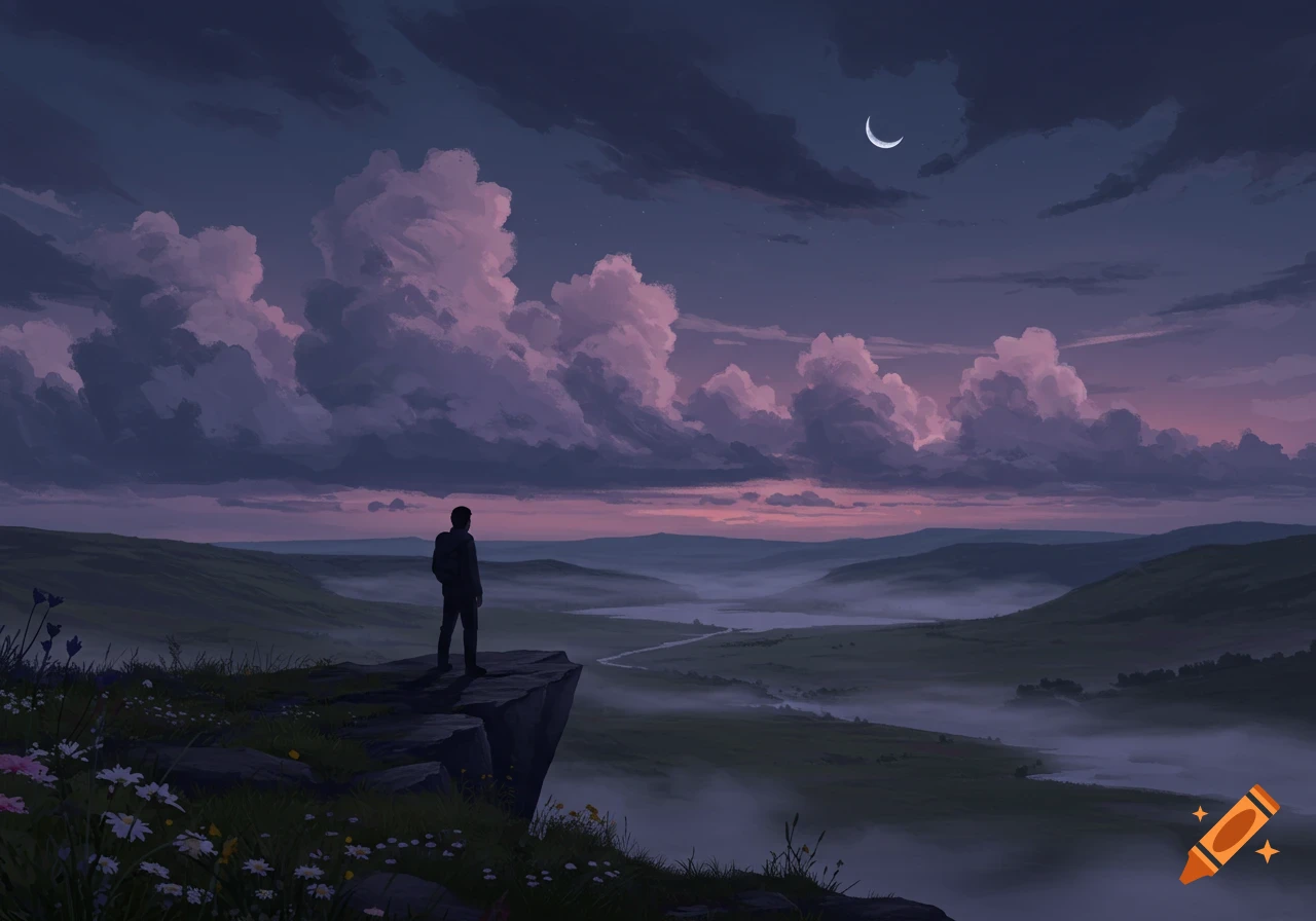 A silhouetted person stands on a cliff overlooking a vast, misty valley under a night sky with purple clouds and a crescent moon, in a digital art style.